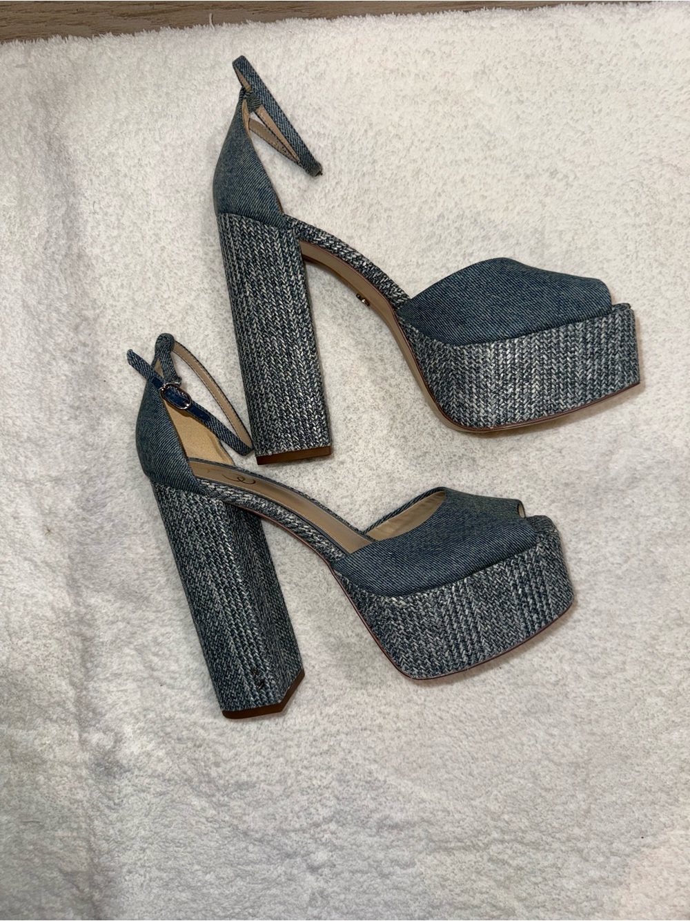 Sam Edelman Blue Denim Platform Peep-Toe Block Heel Sandals